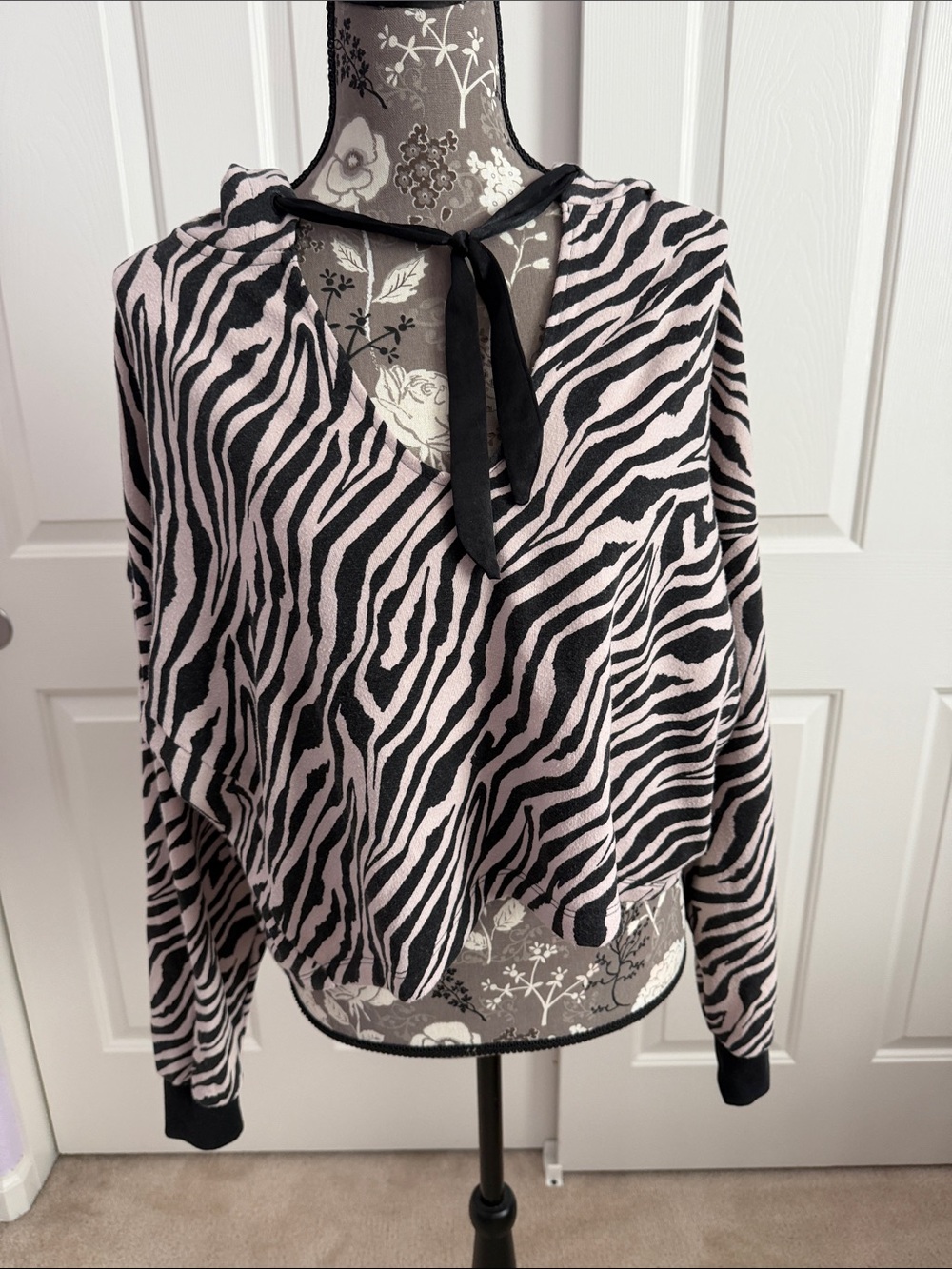 Victoria's Secret Pink and Black Zebra Tie-Neck hooded sweatshirt